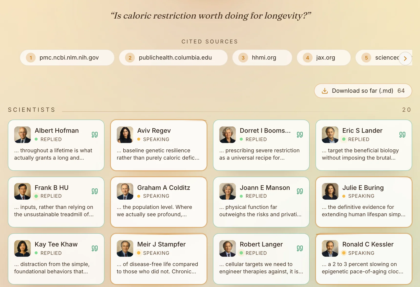 Pantheon partway through answering “Is caloric restriction worth doing for longevity?”: cited sources from PubMed Central, Columbia Public Health, HHMI and the Jackson Laboratory above a grid of scientist personas, some replied and some still speaking