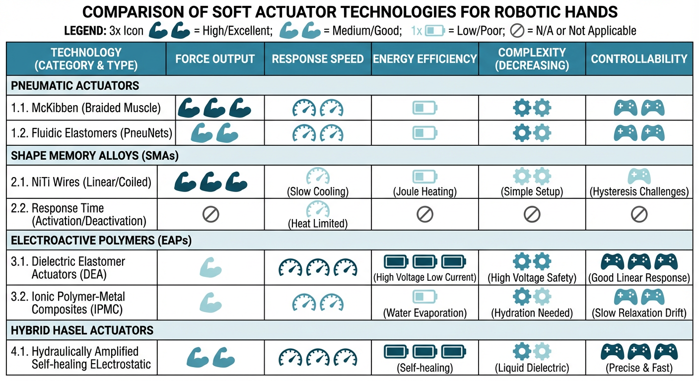 Comprehensive comparison of soft actuator technologies showing force, speed, efficiency, and complexity tradeoffs