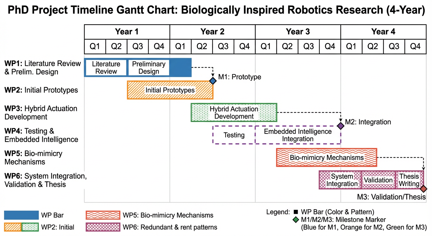 Four-year PhD timeline with work packages and milestones