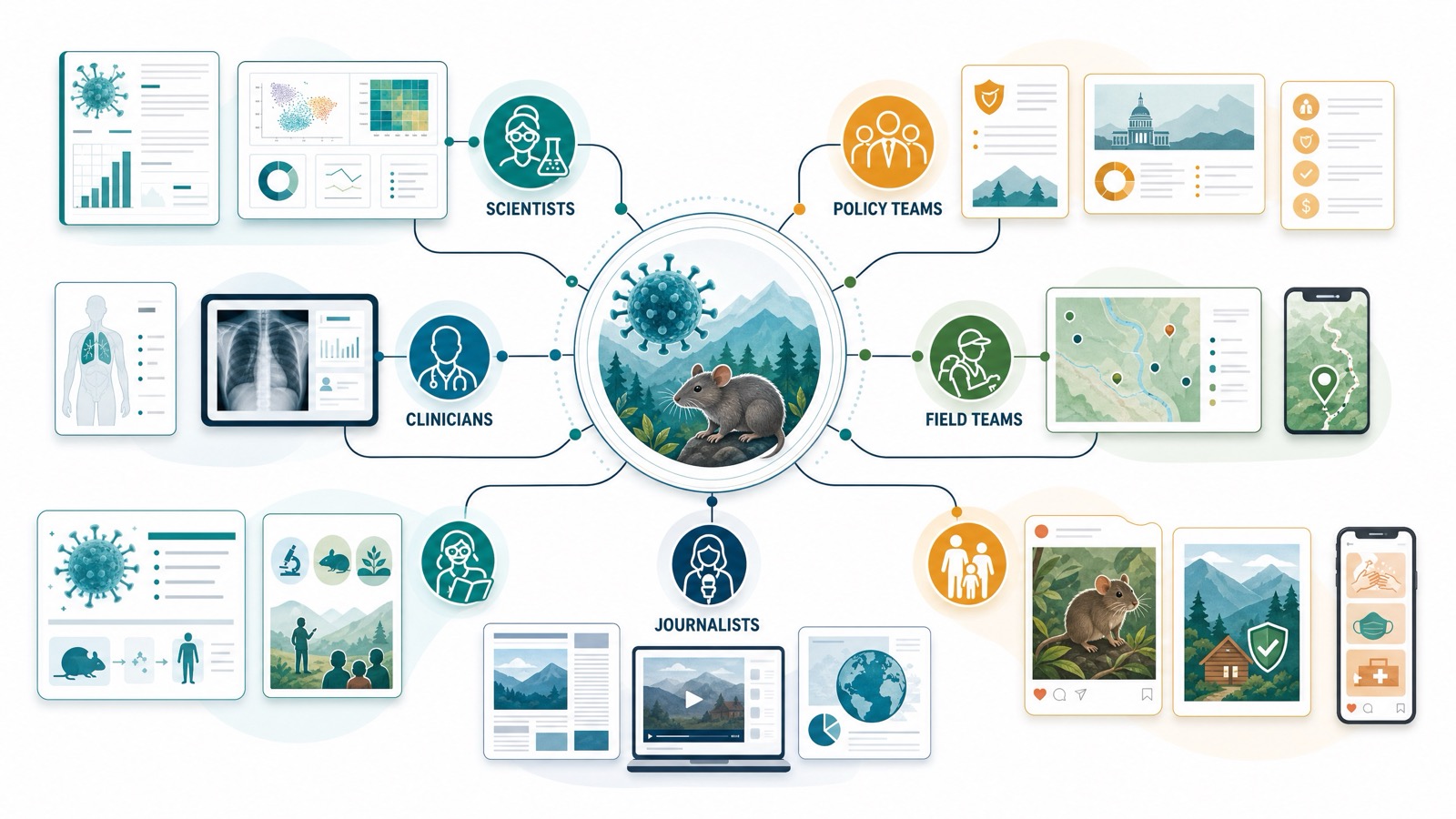 One evidence base can support different outputs for scientists, policy teams, clinicians, field teams, journalists, educators, and the public.