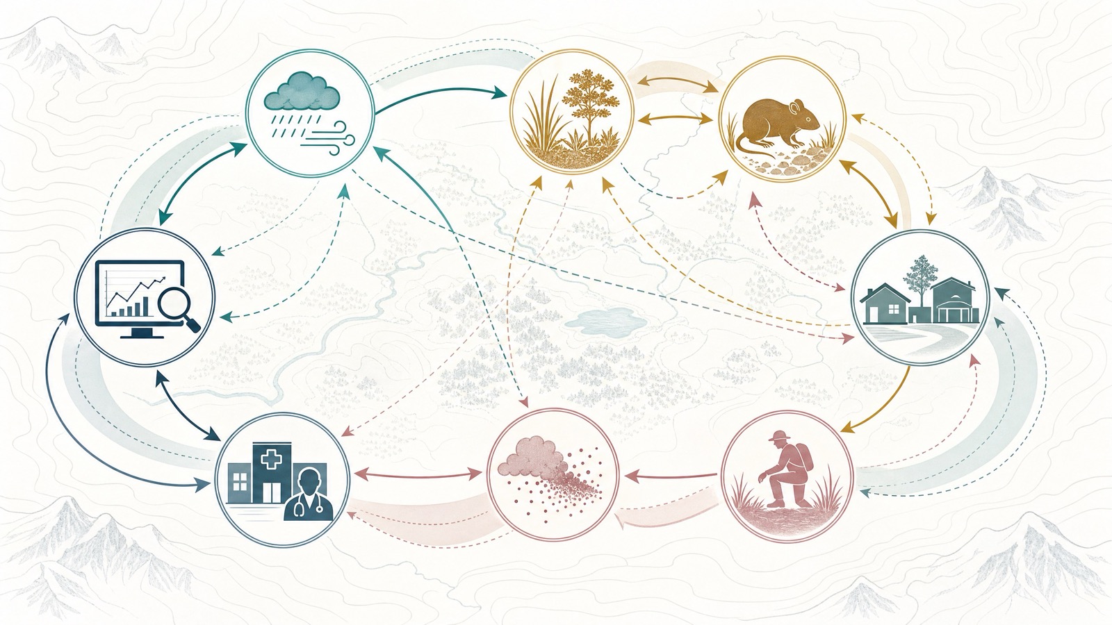 A One Health model links weather, vegetation, small mammal ecology, buildings, field activity, exposure, clinical detection, and surveillance feedback.