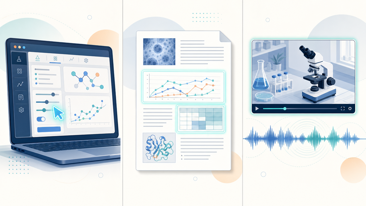 Three side-by-side panels: a laptop running a scientific software GUI being driven by a glowing cursor, a research paper page with charts, tables, and figures highlighted, and a video frame from a lab bench combined with an audio waveform